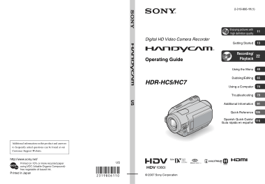 Free Download PDF Books, SONY Digital HD Video Camera Recorder HDR-HC5 HC7 Operating Guide