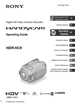 Free Download PDF Books, SONY Digital HD Video Camera Recorder HDR-HC9 Operating Guide