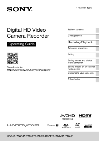 SONY Digital HD Video Camera Recorder HDR-PJ780 PJ790 Operating Guide