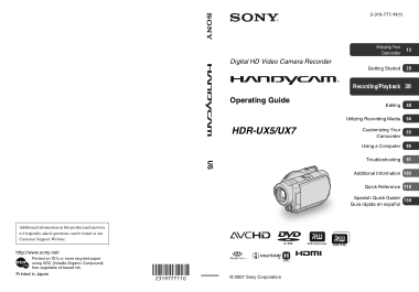 Free Download PDF Books, SONY Digital HD Video Camera Recorder HDR-UX5 UX7Operating Instructions