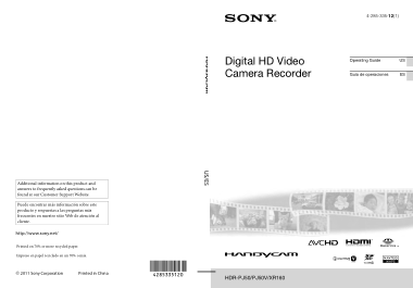SONY Digital HD Video Camera Recorder HDR-XR160 PJ50 PJ50V Operation Manual