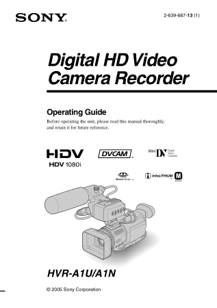 Free Download PDF Books, SONY Digital HD Video Camera Recorder HVR-A1U A1N Operating Instructions