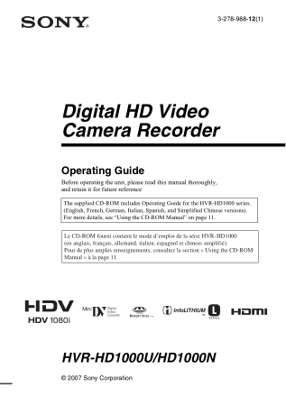 SONY Digital HD Video Camera Recorder HVR-HD1000U HD1000N Operating Guide