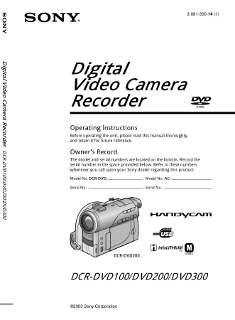 SONY Digital Video Camera Recorder DCR-DVD100-300 Operating Instructions
