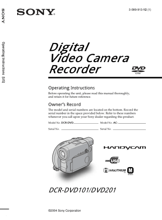 SONY Digital Video Camera Recorder DCR-DVD101-201 Operating Instructions