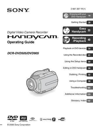 SONY Digital Video Camera Recorder DCR-DVD505-905 Operation Manual