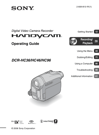 SONY Digital Video Camera Recorder DCR-HC36-HC96 Operating Instructions