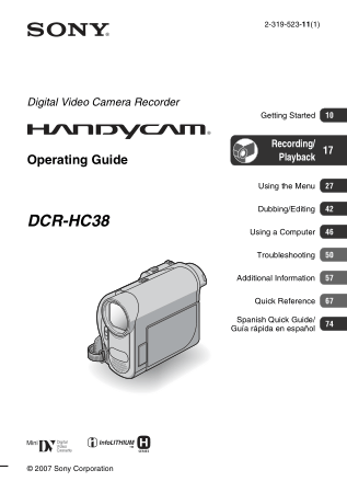 SONY Digital Video Camera Recorder DCR-HC38 Operating Guide
