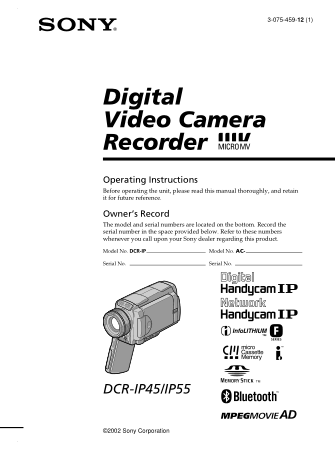 SONY Digital Video Camera Recorder DCR-IP45 Operating Instructions