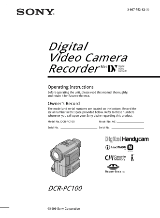 SONY Digital Video Camera Recorder DCR-PC100 Operating Instructions
