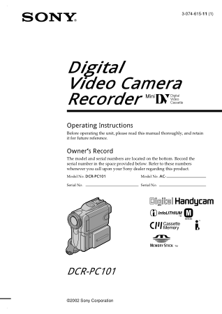 Free Download PDF Books, SONY Digital Video Camera Recorder DCR-PC101 Operating Instructions