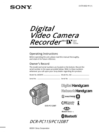 SONY Digital Video Camera Recorder DCR-PC115 Operating Instructions