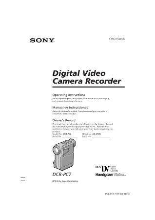SONY Digital Video Camera Recorder DCR-PC7 Operating Instructions