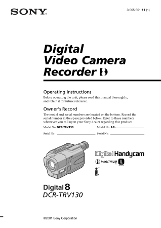 SONY Digital Video Camera Recorder DCR-TRV130 Operating Instructions