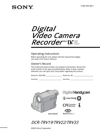 SONY Digital Video Camera Recorder DCR-TRV19-22-33 Operating Instructions