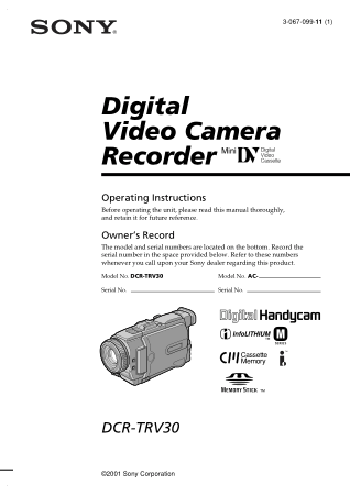 SONY Digital Video Camera Recorder DCR-TRV30 Operating Instructions