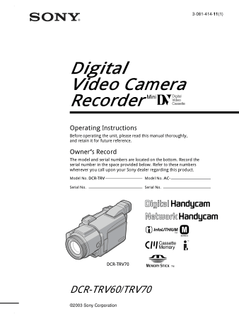 SONY Digital Video Camera Recorder DCR-TRV70 Operating Instructions