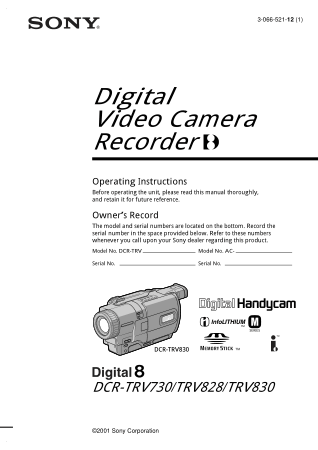SONY Digital Video Camera Recorder DCR-TRV730-830 Operating Instructions