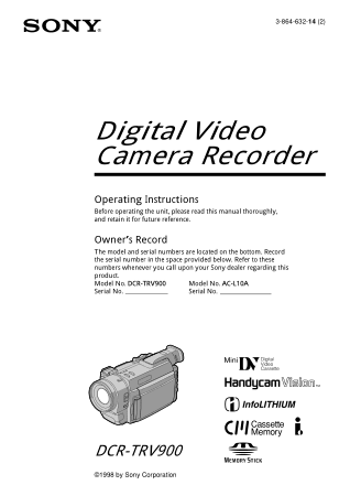 SONY Digital Video Camera Recorder DCR-TRV900 Operating Instructions