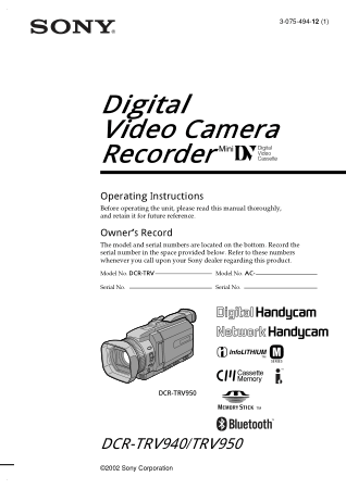 SONY Digital Video Camera Recorder DCR-TRV940-950 Operating Instructions