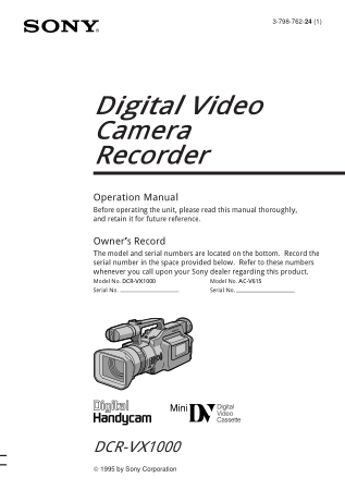 SONY Digital Video Camera Recorder DCR-VX1000 Operation Manual