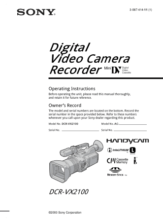 Free Download PDF Books, SONY Digital Video Camera Recorder DCR-VX2100 Operating Instructions