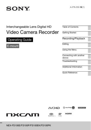 SONY Handycam HD Video Camera NEX-FS100 Operating Guide