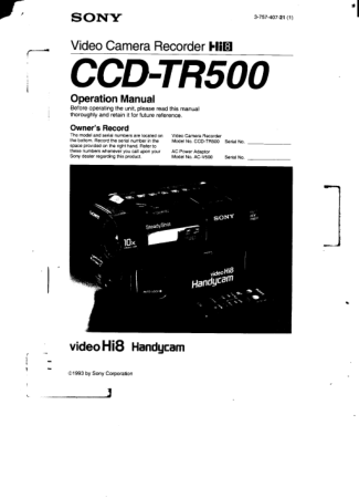 SONY Video Camera Recorder CCD-TR500 Operation Manual