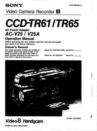 SONY Video Camera Recorder CCD-TR61 TR65 Operation Manual