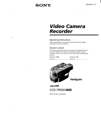Free Download PDF Books, SONY Video Camera Recorder CCD-TR930 Operating Instructions