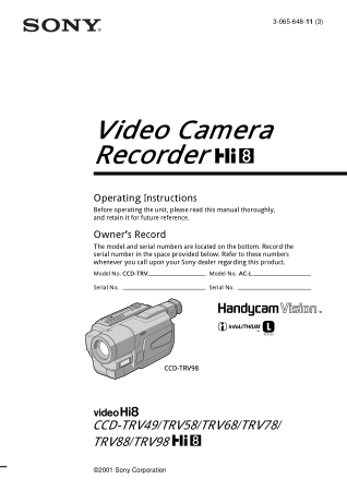 SONY Video Camera Recorder CCD-TRV49 TRV98 Operating Instructions