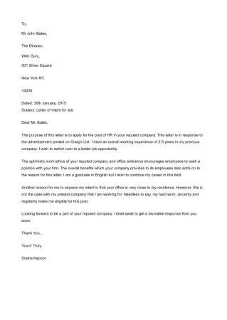 Job Offer Letter of Intent Example Template