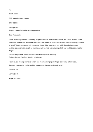 Letter of Intent For Secretary Job Template