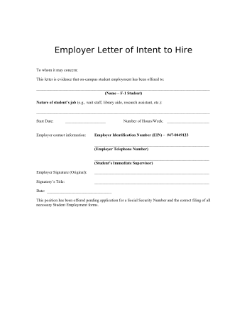 Employer Letter Of Intent to Hire Template