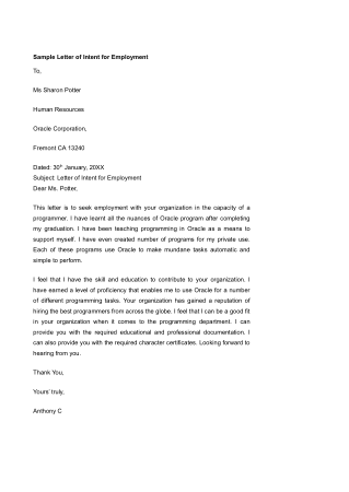 Letter Of Intent for Employment Free Template
