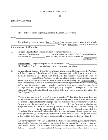 Letter of Intent Regarding Purchase of Certain Real Property Template