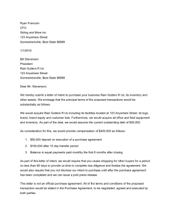 Letter of Intent to Purchase Business Template