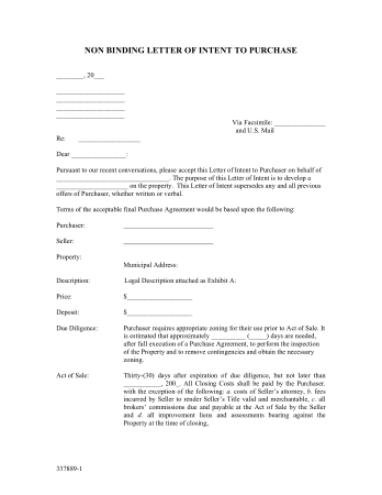 Non Binding Letter of Intent to Purchase Template