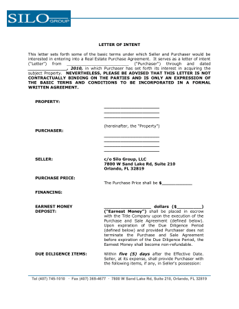 Sample Purchase Letter of Intent for Commercial Property Template