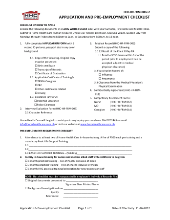 Application and Pre Employment Checklist Template
