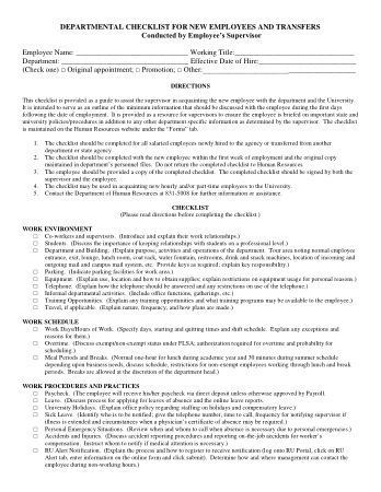 Departmental Checklist for New Employees Template