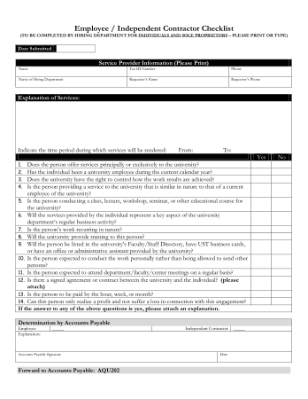 Employee Independent Contractor Checklist Sample Template