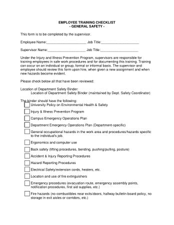 Employee Training Checklist Form Template