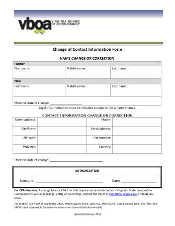 Change of Contact Information Form Template