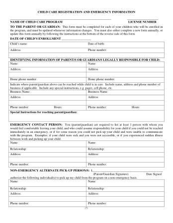 Child Care Emergency Contact Form Template