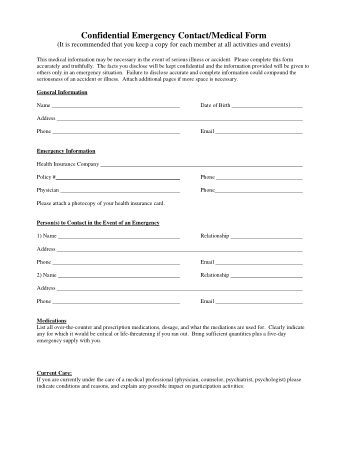 Confidential Emergency Contact and Medical Form Template