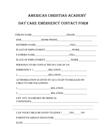 Daycare Emergency Contact Form Template