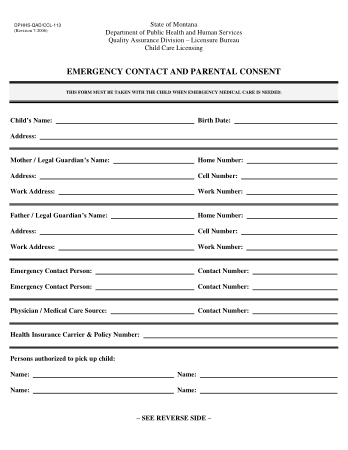 Free Download PDF Books, Emergency Contact and Parental Conset Form Template