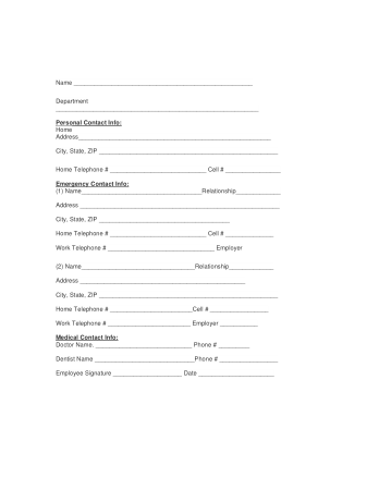 Emergency Contact Information Form of Employee Template