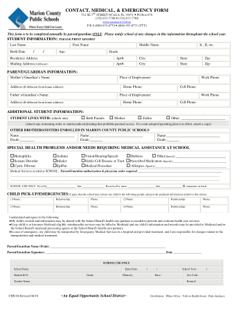 School Medical Emergency Contact Form Template